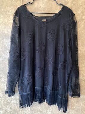 Salon Studio Black Sheer Mesh Floral Fringe Top Plus Size 3X Womens 2 Piece